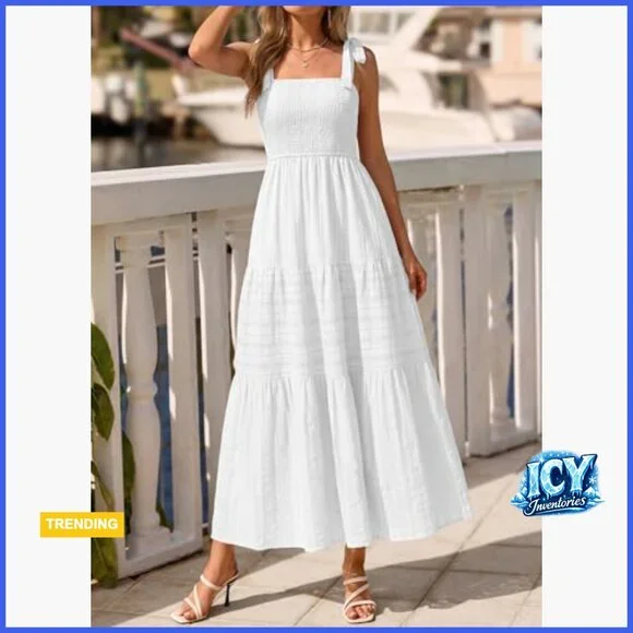 Cotton Boho Maxi Dress Spaghetti Strap Smocked A-Line Sundress - Picture 5 of 7